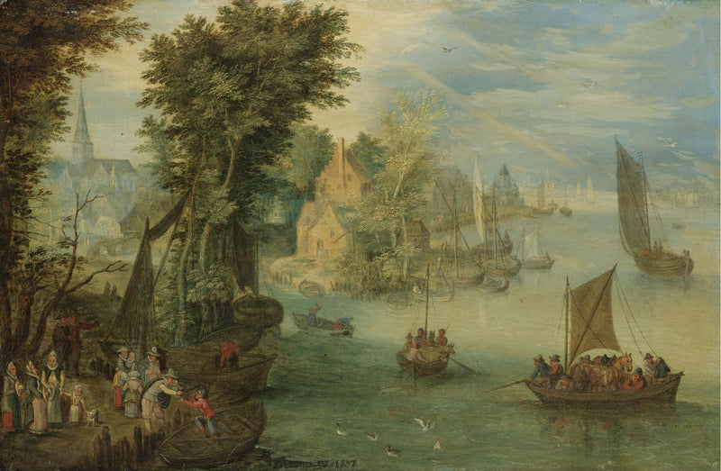 Paysage fluvial avec des personnages sur un quai devant une ville - Jan Brueghel l'Ancien
