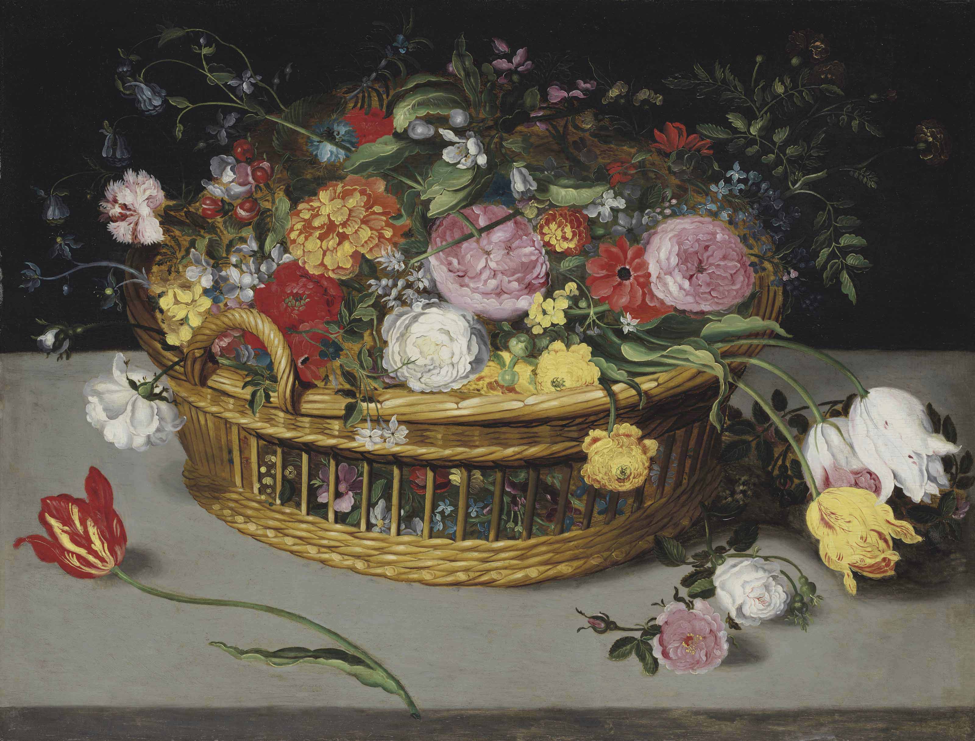 Roses, tulipes, jacinthes des bois et œillets dans un panier en osier posé sur un rebord de pierre. - Jan Brueghel le Jeune