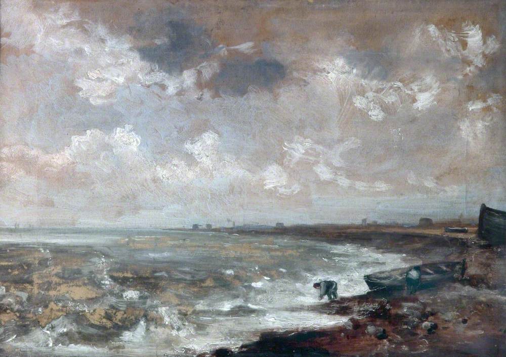 Bord de mer avec des pêcheurs près d'un bateau - John Constable