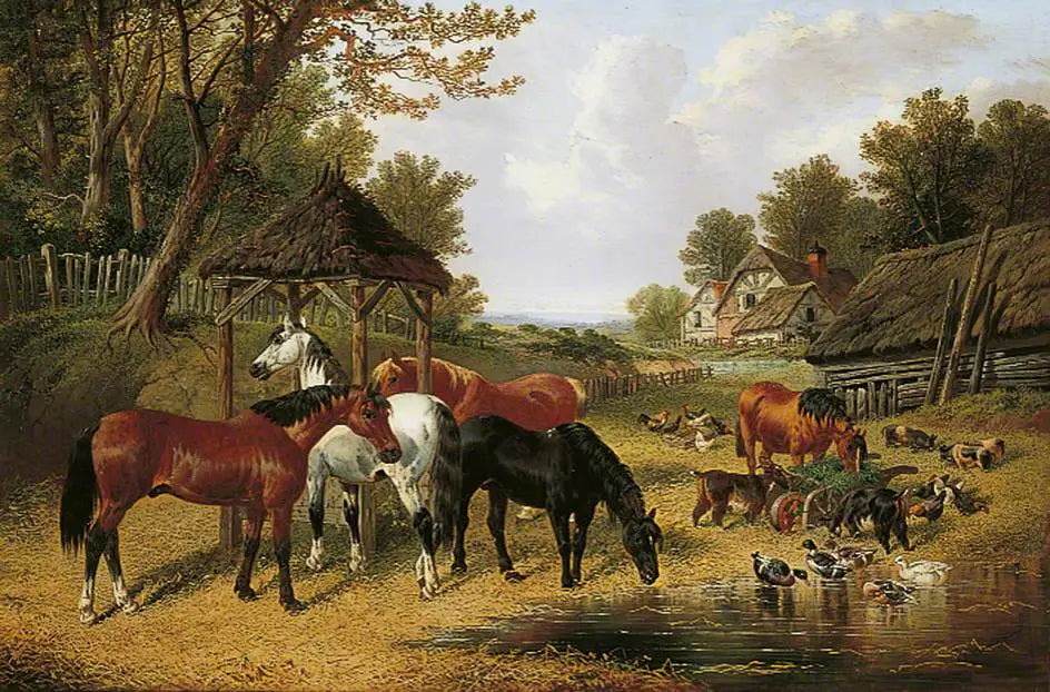 Chevaux au bord d’un étang de ferme - John Frederick Herring Sr. - Alpha Reproduction