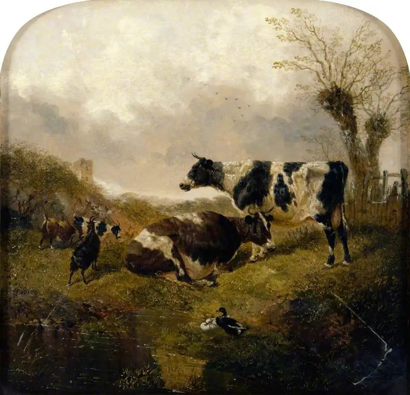 Deux vaches avec des chèvres et des canards dans un paysage - John Frederick Herring Sr. - Alpha Reproduction