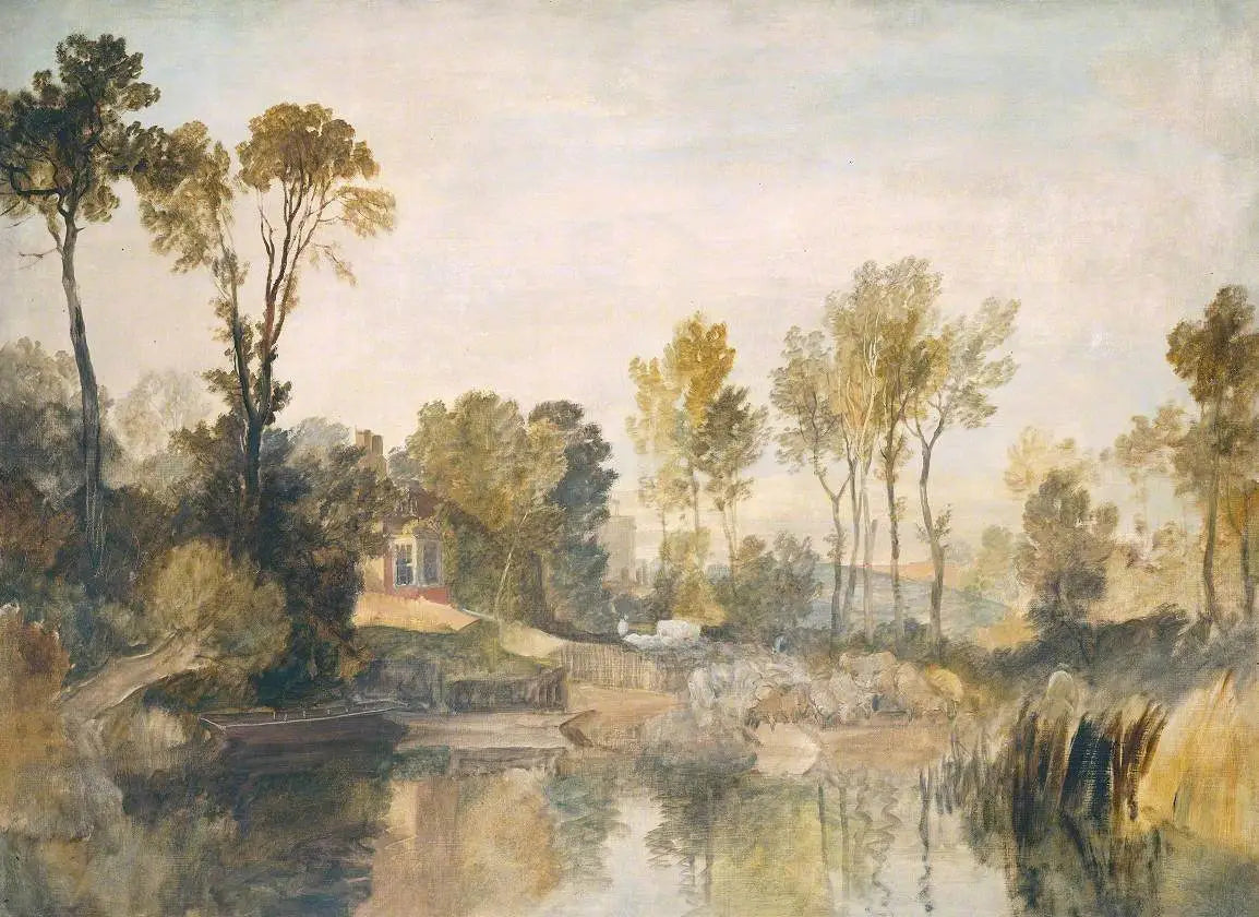 Reproduction du tableau « House beside the River, with Trees and Sheep - J. M. W. Turner » par Alpha Reproduction en peinture à l’huile