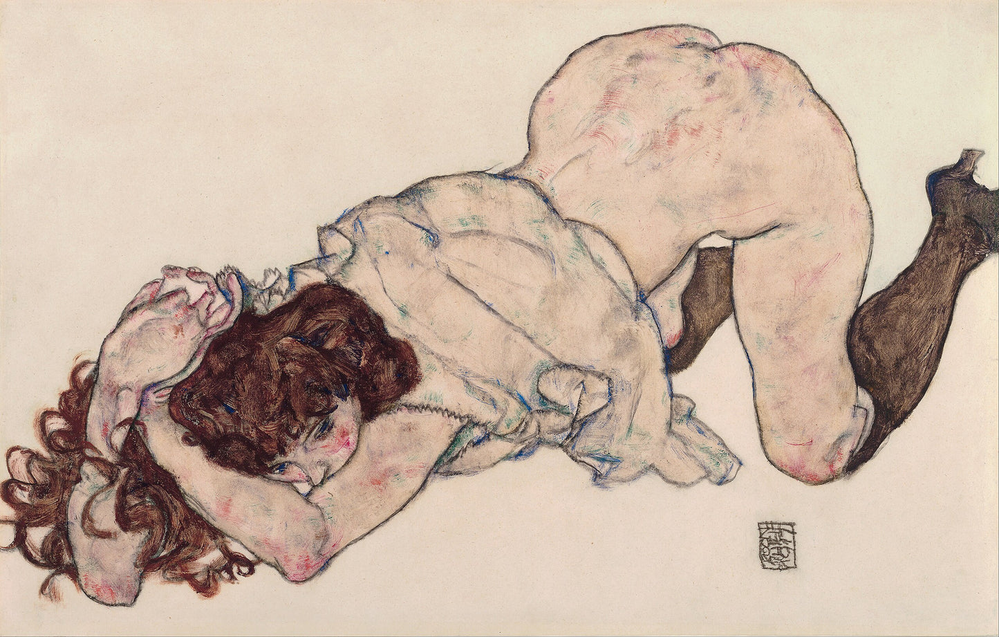 ✨ Mladá dívka klečící, opřená o lokty – Egon Schiele (1917)
