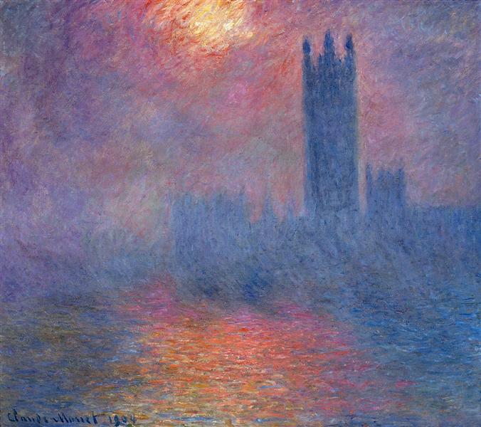 🌫️ Londýn, Parlament, sluneční průlom v mlze – Claude Monet (1904)