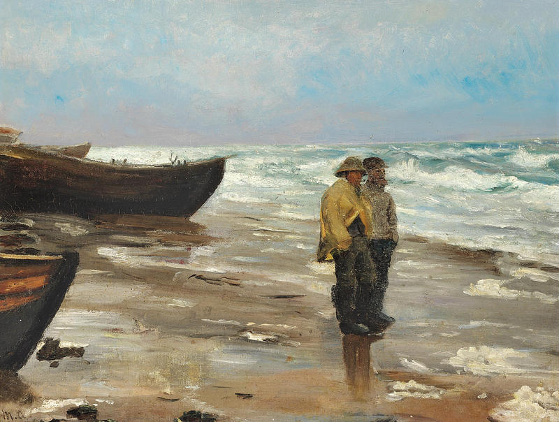 Rybáři na pláži se svými loděmi. - Michael Peter Ancher