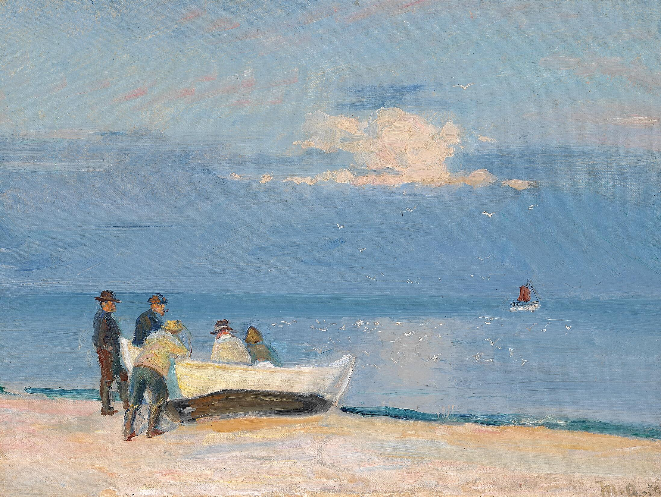 Des pêcheurs sur un bateau, sur la plage de Skagen. - Michael Peter Ancher