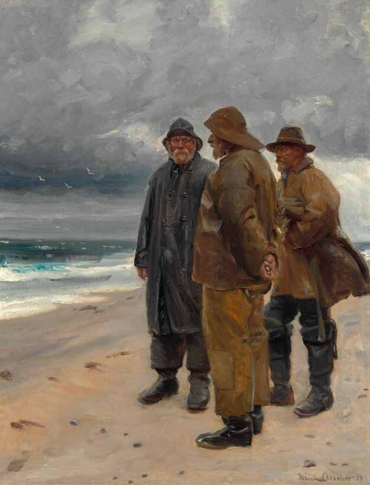 Trois pêcheurs sur la plage de Skagen par temps couvert. - Michael Peter Ancher