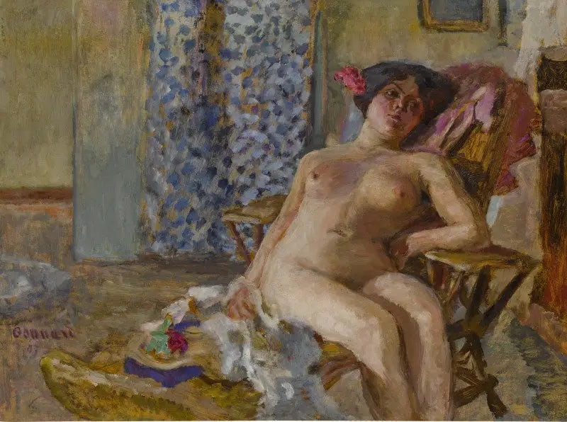 Nahý sedící, Květiny ve vlasech (Studie nahého) - Pierre Bonnard