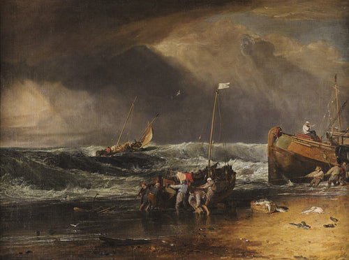 Pobřežní scéna s rybáři tahajícími loď na břeh - J. M. W. Turner