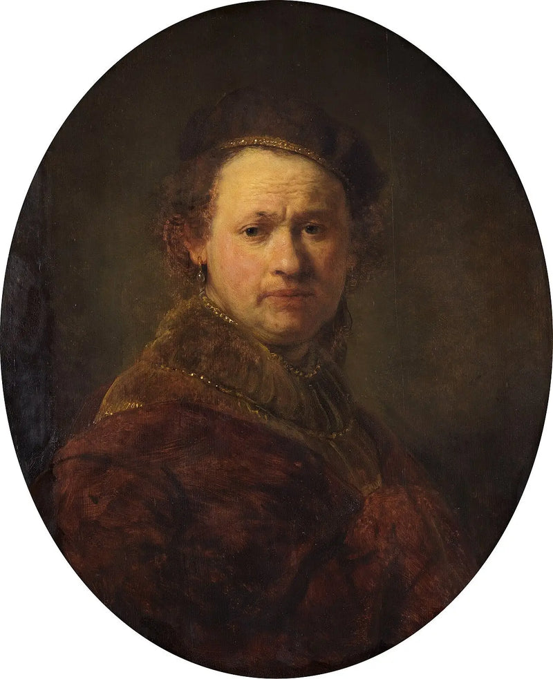 Autoportrét s baretou a červeným pláštěm - Rembrandt