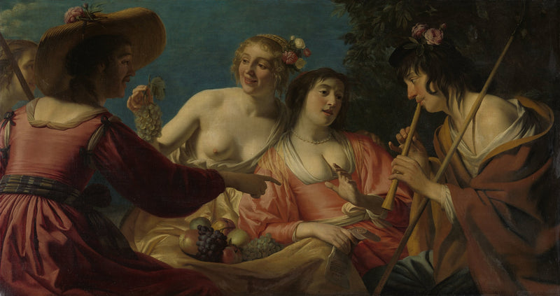 Berger hrající na flétnu a čtyři pastýřky - Gerrit van Honthorst