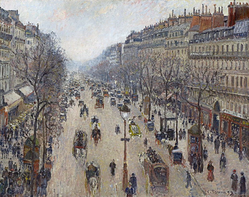 Boulevard Montmartre, ráno, šedé počasí - Camille Pissarro