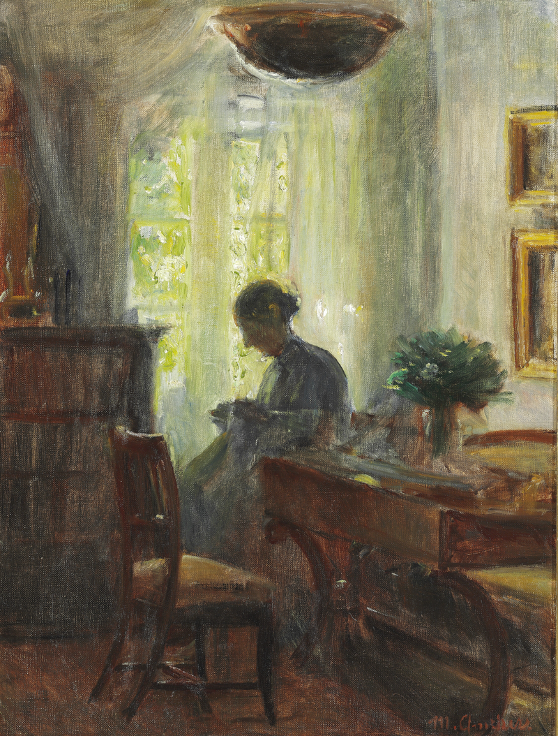 Intérieur de la maison de l'artiste. Anna Ancher à son ouvrage de broderie - Michael Peter Ancher