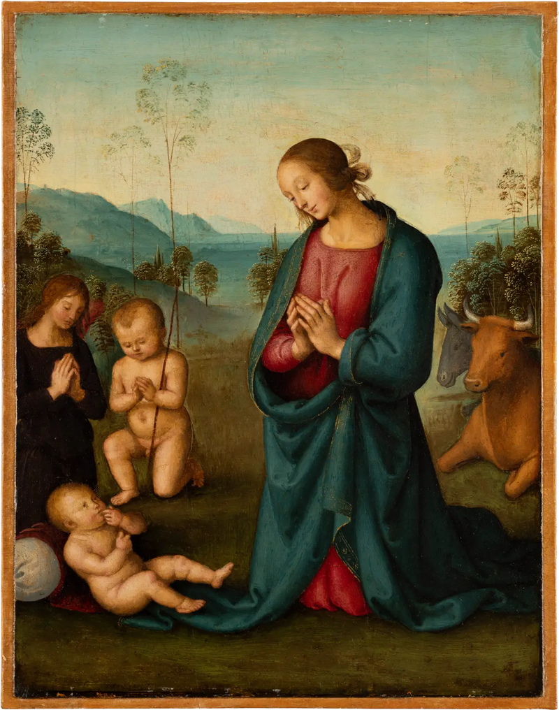 Madona, dítě svatý Jan a anděl uctívající Ježíška - Pietro Perugino