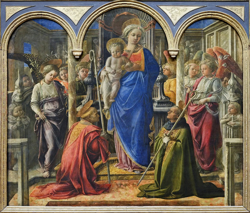 Panna Maria s dítětem obklopená anděly, svatým Fredianem a svatým Augustinem - Fra Filippo Lippi