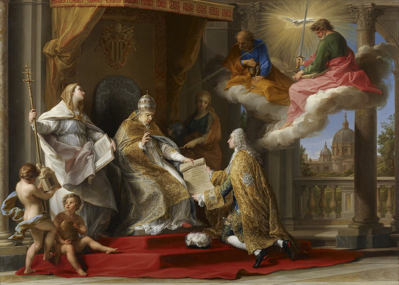 Pape Benedikt XIV. předvádí encykliku « Ex Omnibus » hraběti de Stainville, budoucímu vévodovi z Choiseul - Pompeo Batoni