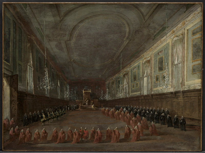 Pape Pius VI sestupující z trůnu, aby se rozloučil s dómem v sále svatých Jana a Pavla, 1782 - Francesco Guardi