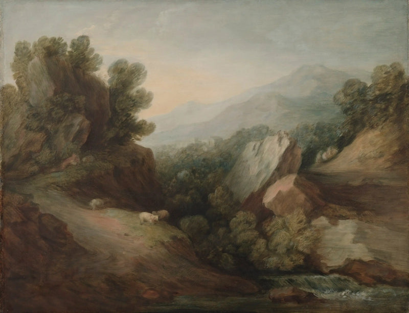 Skalnatá a lesnatá krajina s údolím a přehradou - Thomas Gainsborough