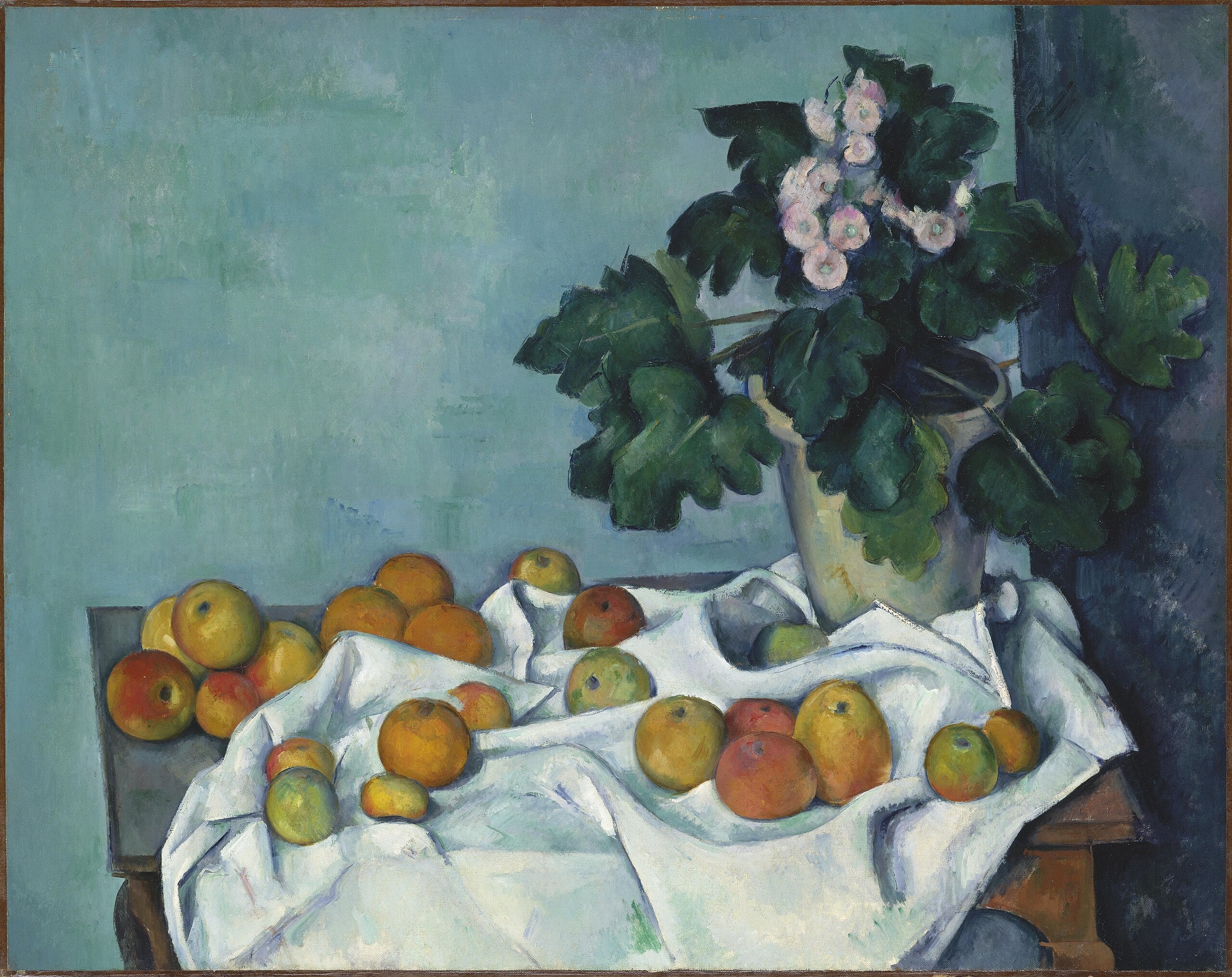 Reproduction du tableau « Pot de primevères et fruits sur une table - Paul Cézanne » par Alpha Reproduction en peinture à l’huile