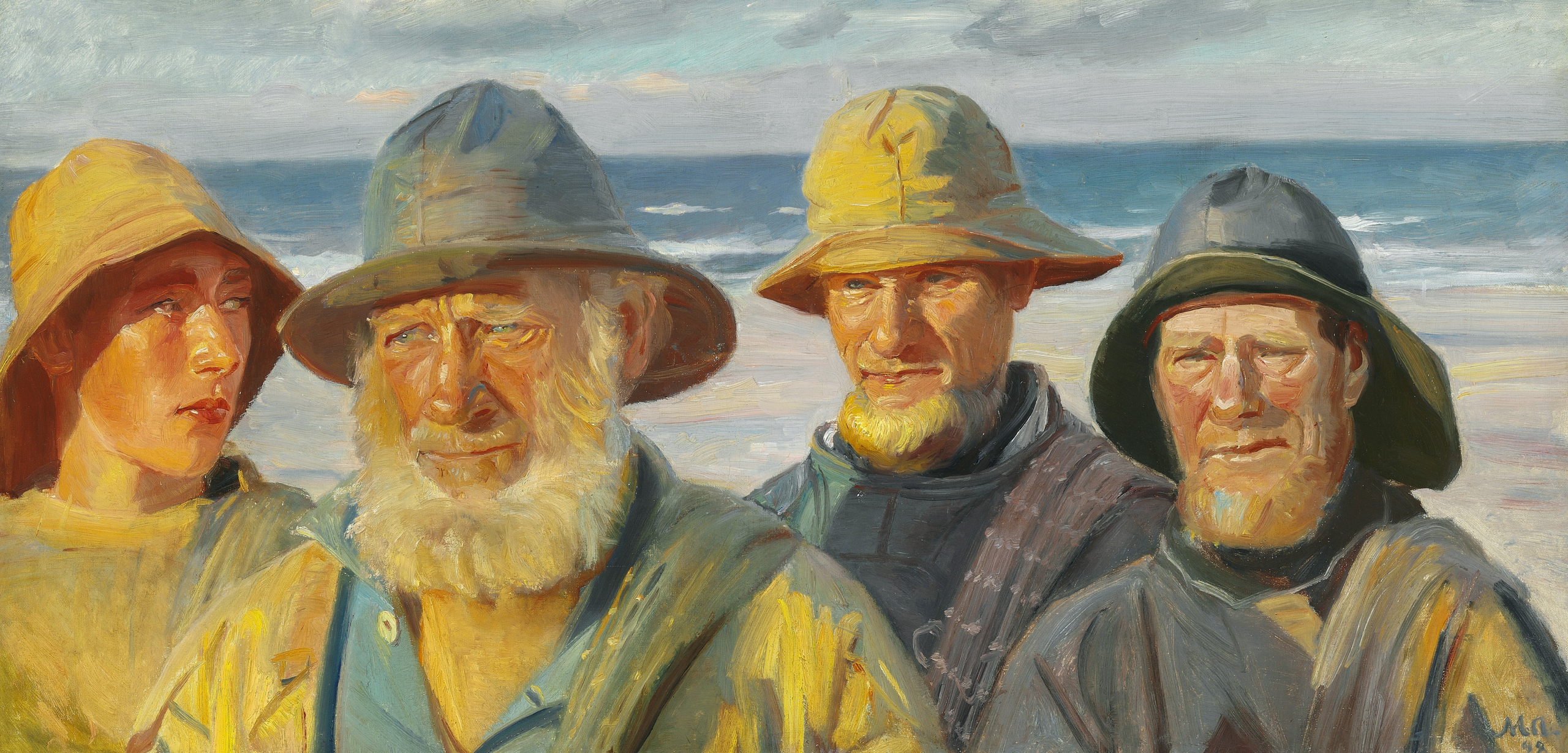 Quatre pêcheurs se tiennent au soleil sur la plage de Skagen - Michael Peter Ancher