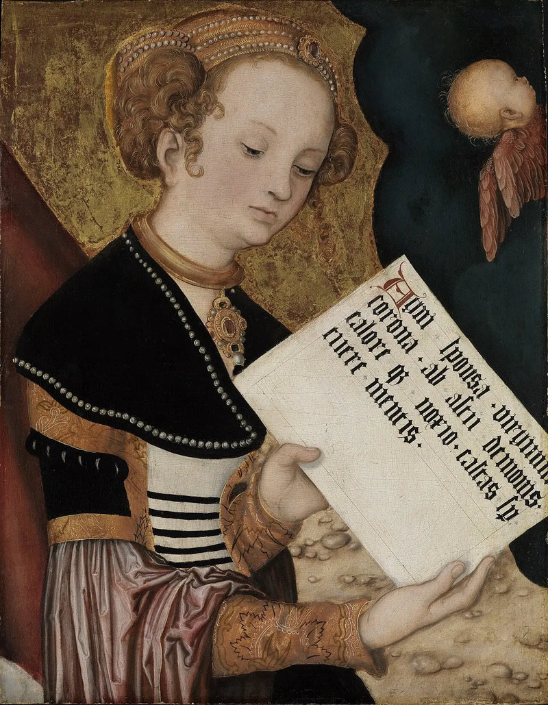 Retábul z Prahy, svatá (Agnese?) s deskou - Lucas Cranach starší
