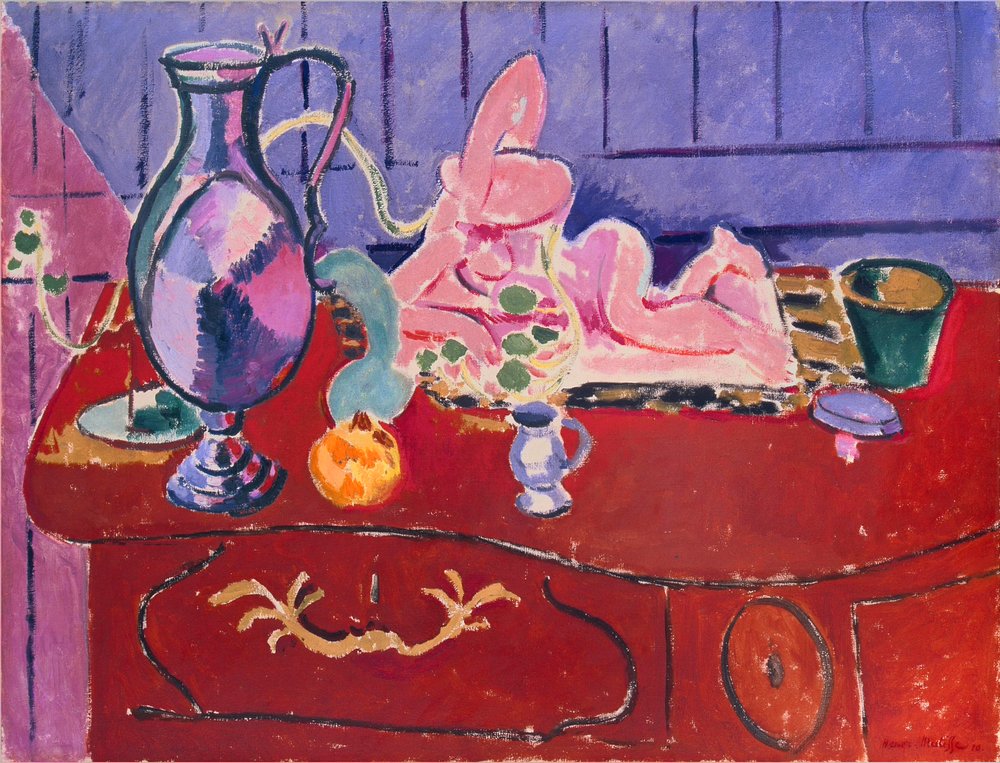 Reproduction du tableau « Statuette et cruche roses sur une commode rouge - Henri Matisse » par Alpha Reproduction en peinture à l’huile