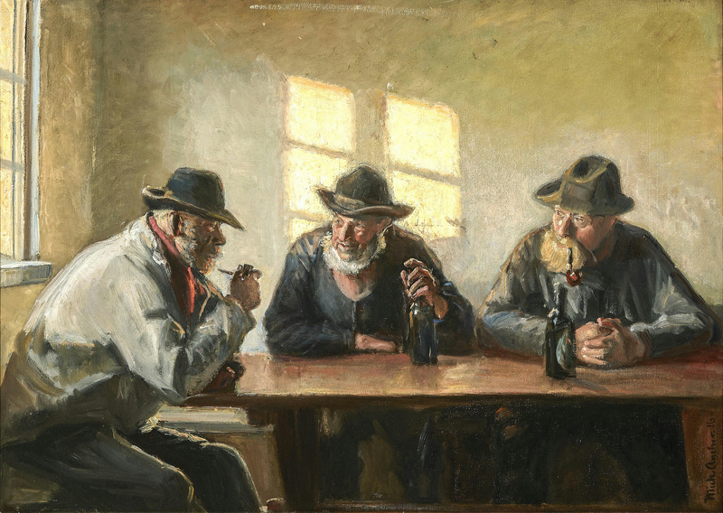 Trois pêcheurs dans le magasin de Brøndum. (1916). - Michael Peter Ancher