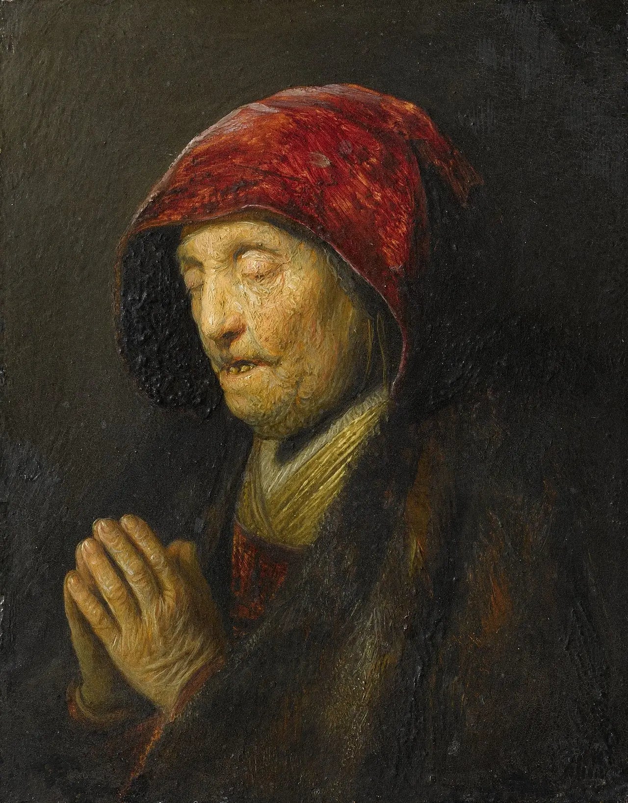 Reproduction du tableau « Vieille femme en prière - Rembrandt » par Alpha Reproduction en peinture à l’huile