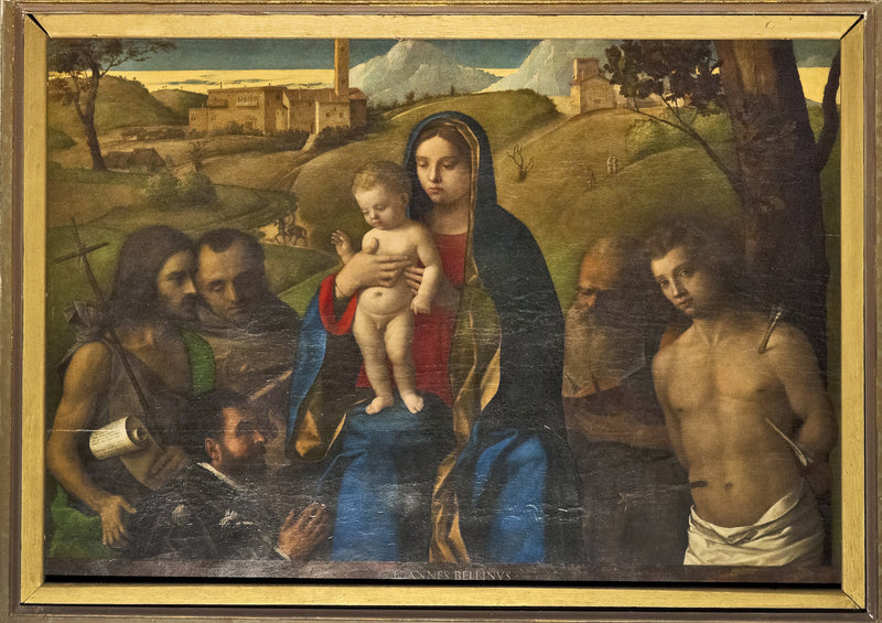 Panna s dítětem s čtyřmi svatými (Jan Křtitel, František, Jeroným a Šebestián (zleva doprava)) a dárce - Giovanni Bellini