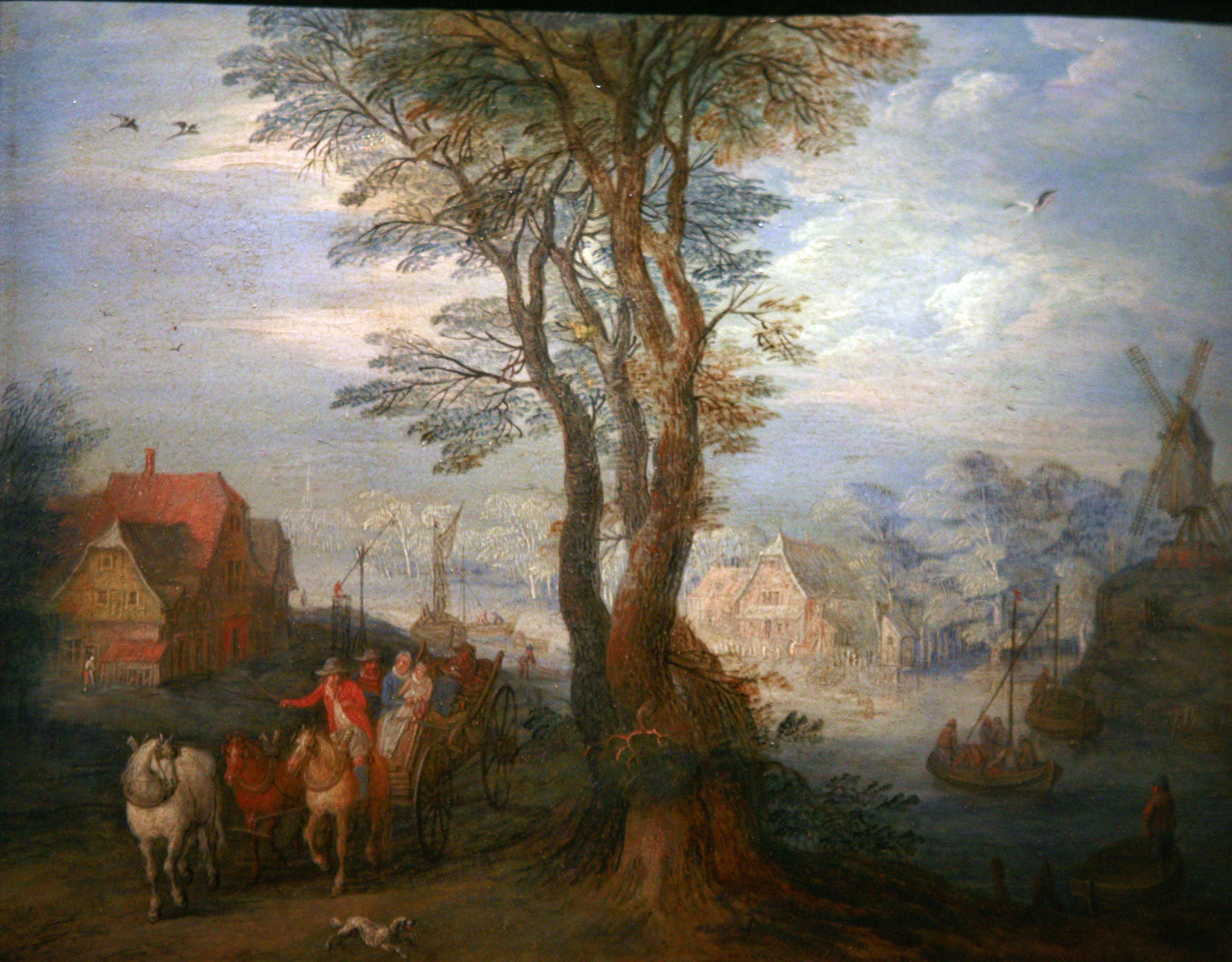 Des paysans sur une charrette près d'une rivière traversant un village - Jan Brueghel l'Ancien