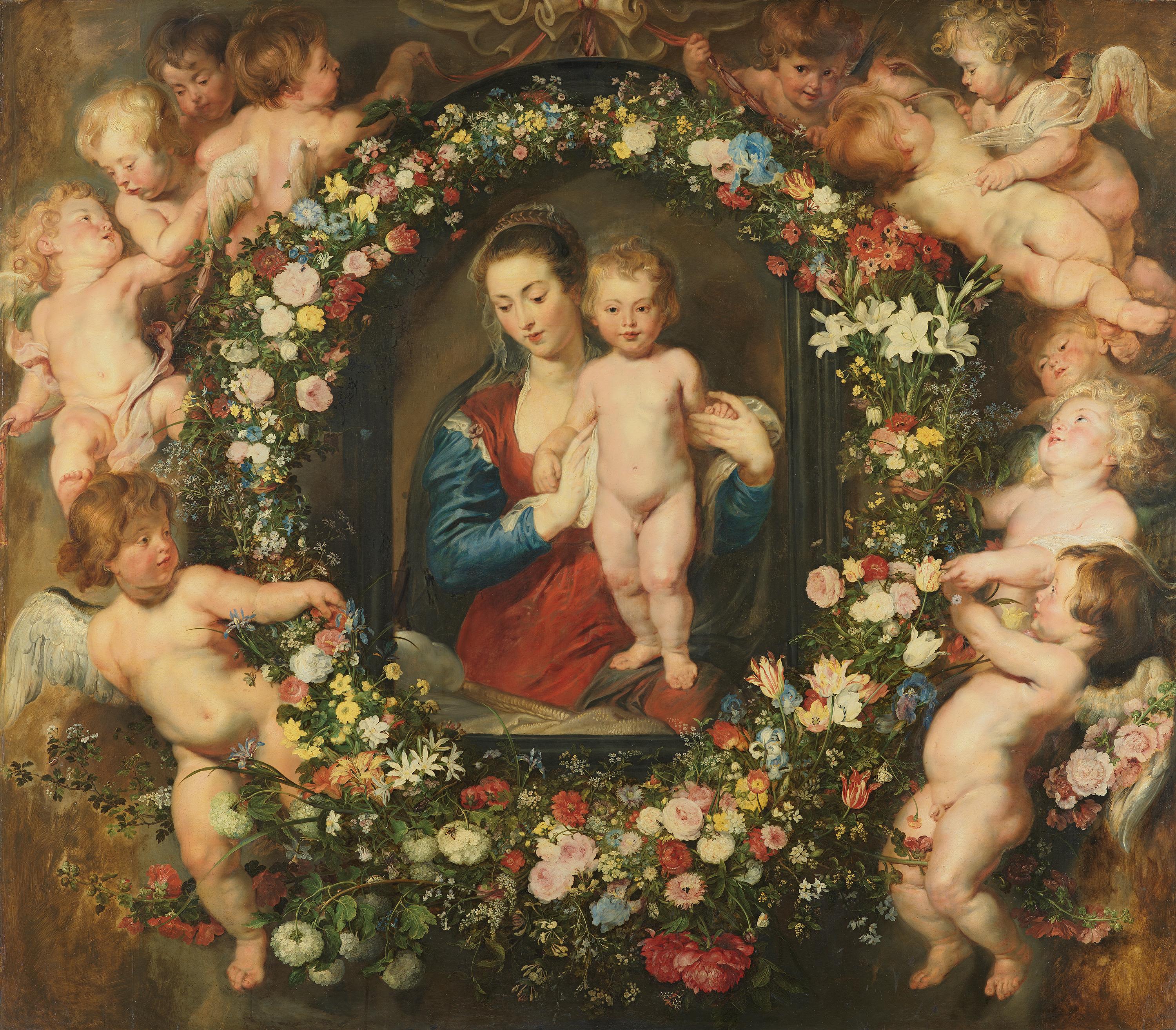 Vierge à l'Enfant entourée d'une guirlande de fleurs. - Peter Paul Rubens