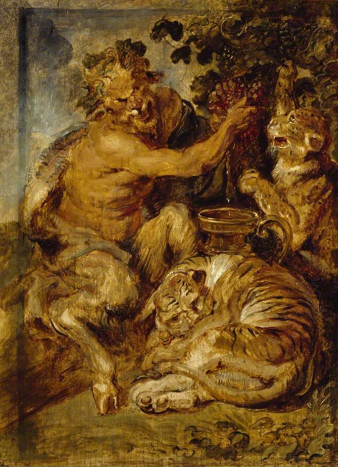 Un satyre pressant des raisins avec un tigre et un léopard - Peter Paul Rubens
