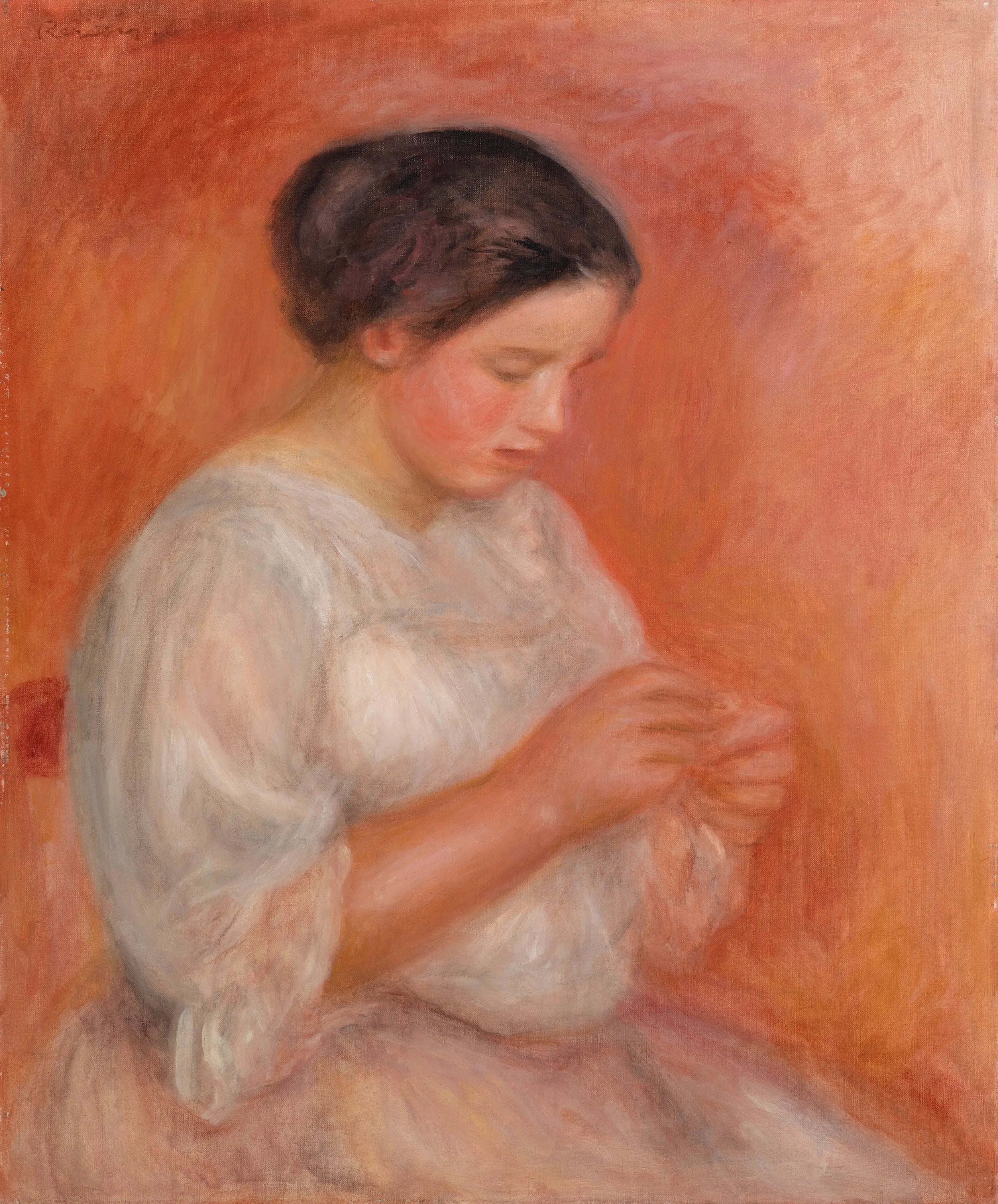 Reproduction du tableau « Femme cousant - Pierre-Auguste Renoir » par Alpha Reproduction en peinture à l’huile