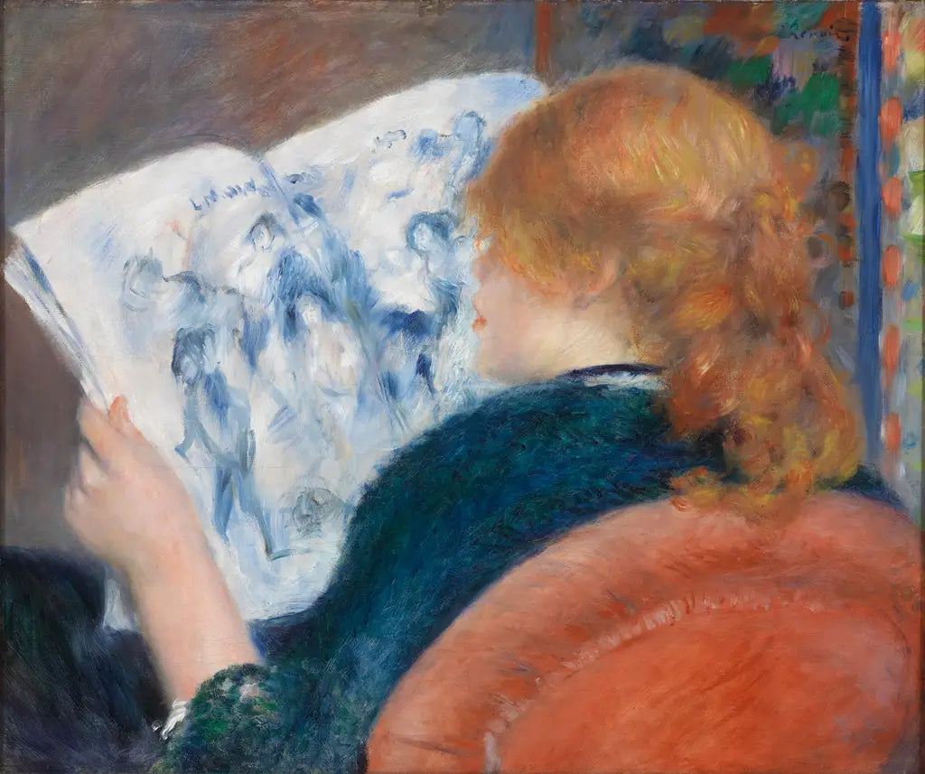 Reproduction du tableau « Jeune femme lisant un journal illustré - Pierre-Auguste Renoir » par Alpha Reproduction en peinture à l’huile