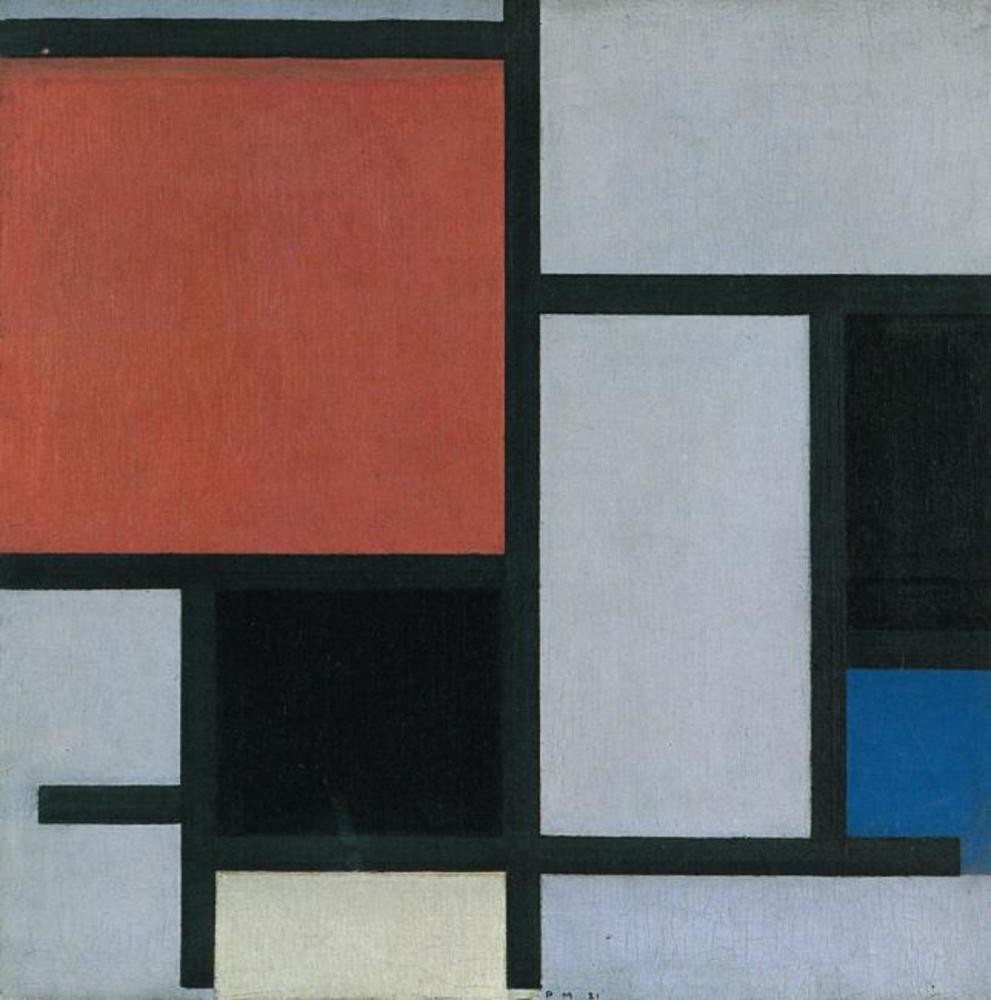 Reproduction du tableau « Composition avec un grand avion rouge, noir, bleu, jaune et gris - Piet Mondrian » par Alpha Reproduction en peinture à l’huile