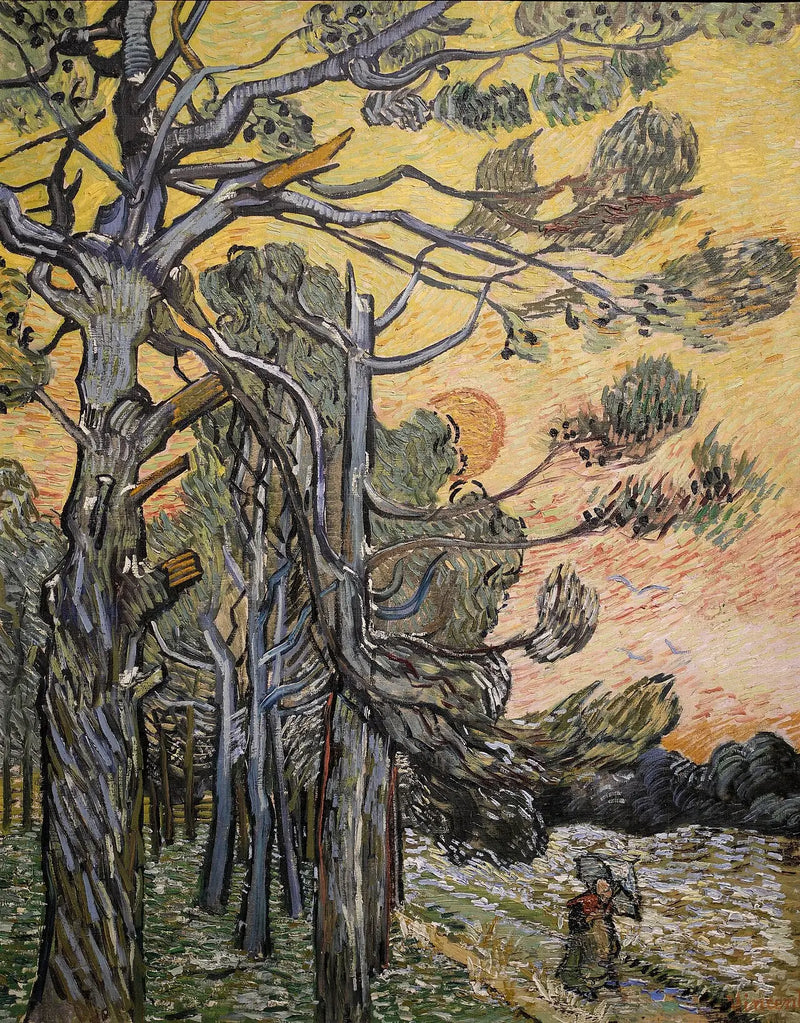 Špendlíky proti červené obloze se zapadajícím sluncem - Vincent van Gogh