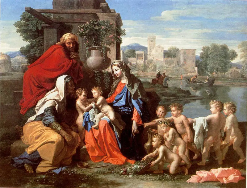 Svatá rodina se svatou Eliškou, malým svatým Janem a putti - Nicolas Poussin