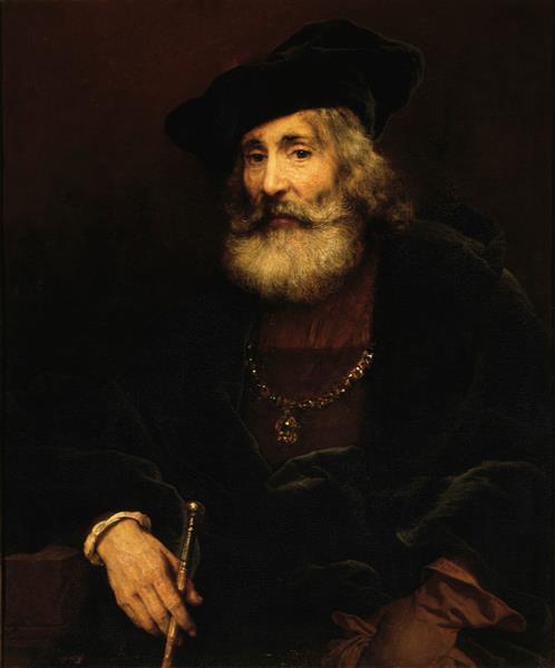 Reproduction du tableau « Vieil homme assis avec une canne dans un costume fantaisiste - Rembrandt » par Alpha Reproduction en peinture à l’huile