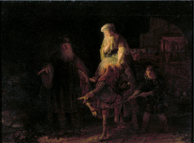 Reproduction du tableau « Le départ de la femme sunamite - Rembrandt » par Alpha Reproduction en peinture à l’huile