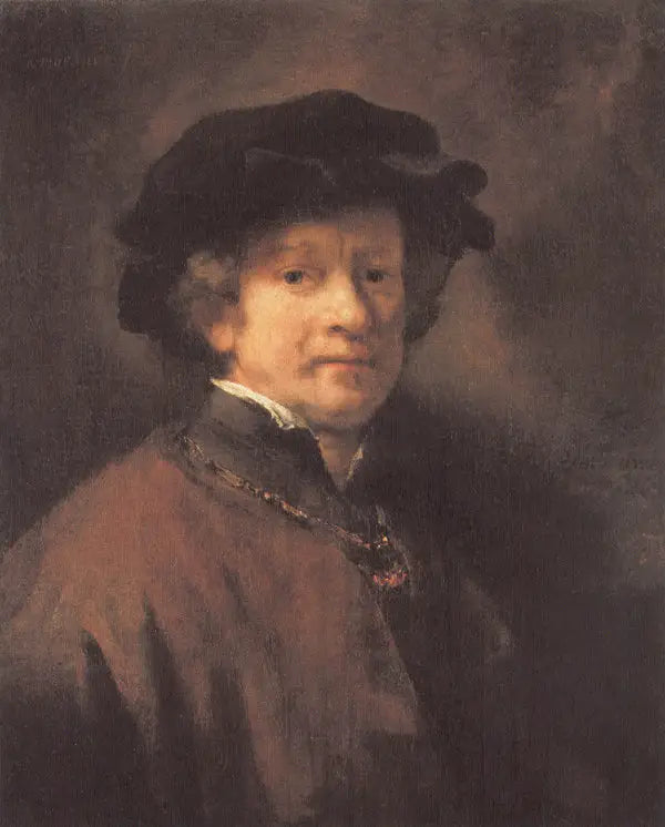 Autoportrét s černou baretou a zlatým řetězem - Rembrandt