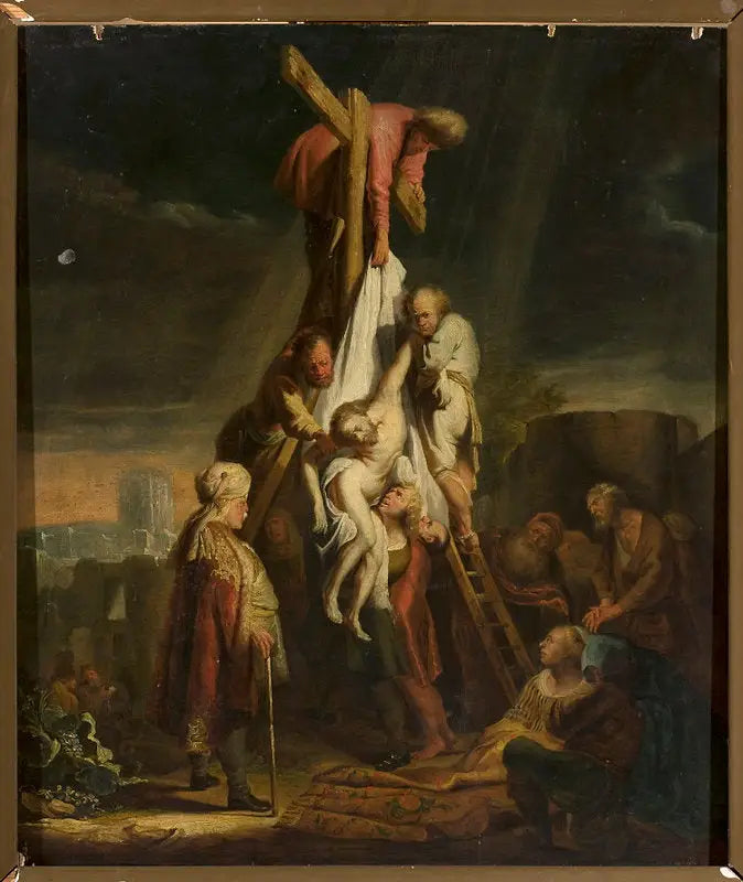 Reproduction du tableau « Descente de la Croix (Matthieu 27:58–59 ; Marc 15:45–46 ; Luc 23:52–53 ; Jean 19:38) - Rembrandt » par Alpha Reproduction en peinture à l’huile