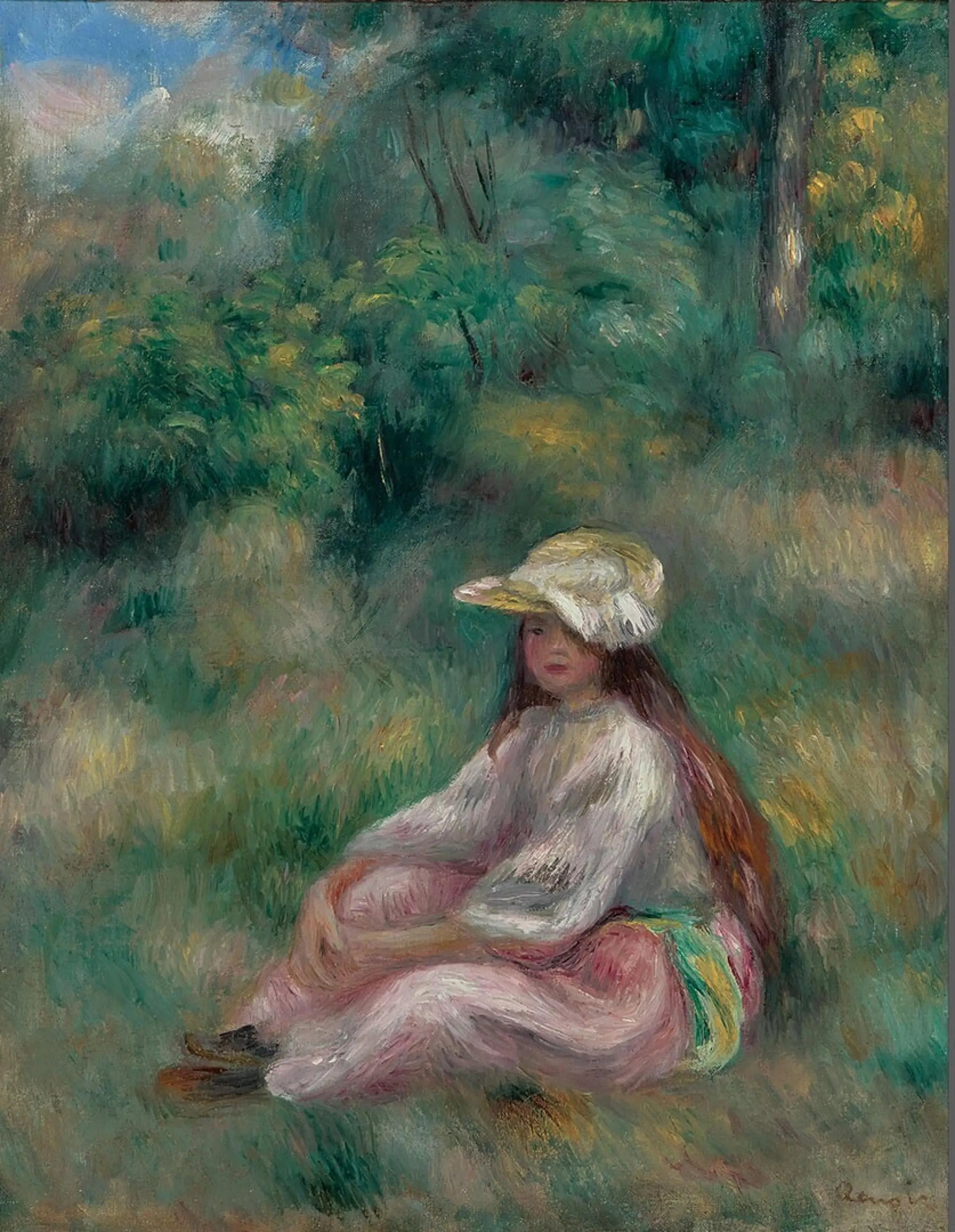 Reproduction du tableau « Jeune fille en rose dans un paysage - Pierre-Auguste Renoir » par Alpha Reproduction en peinture à l’huile