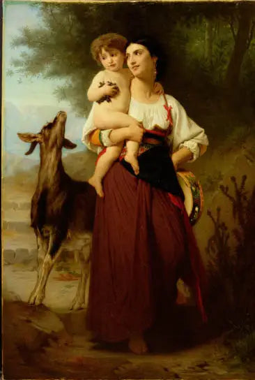 Mladá matka v venkovském oblečení se svým dítětem a kozou - Bouguereau