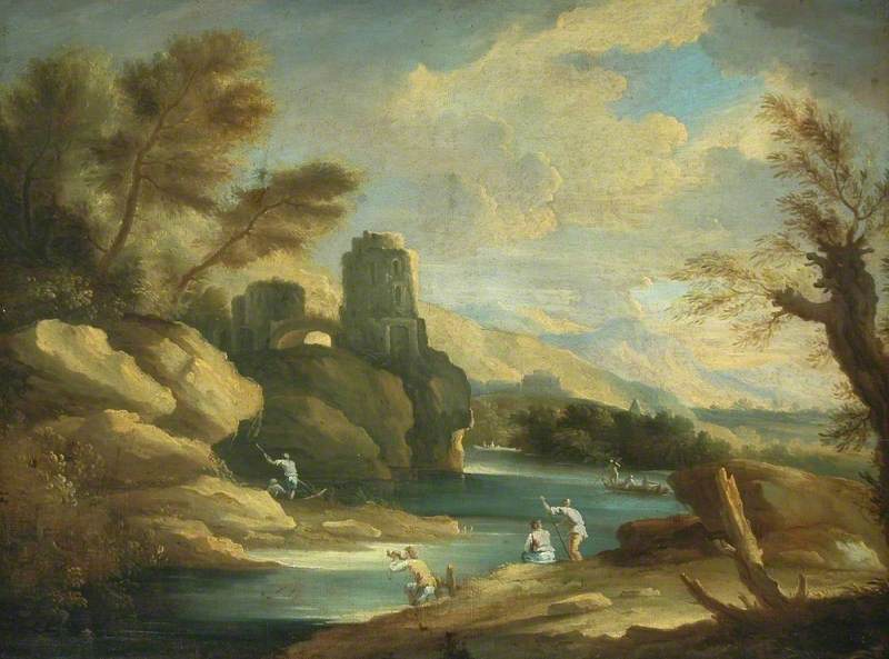 Paysage rocheux avec rivière, ruines et personnages - Salvator Rosa