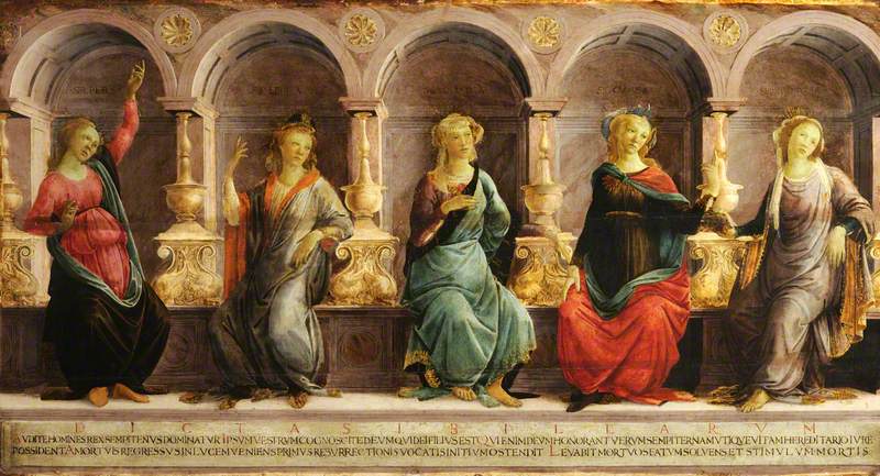 Pět sybil sedících v nikách: babylonská, libyjská, delfská, kimmerijská a erytrejská - Sandro Botticelli