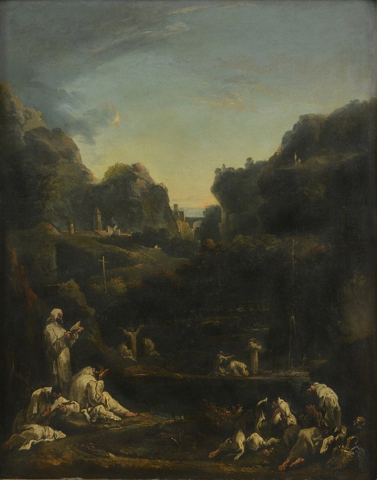 Paysage montagneux avec des groupes de moines - Sebastiano Ricci