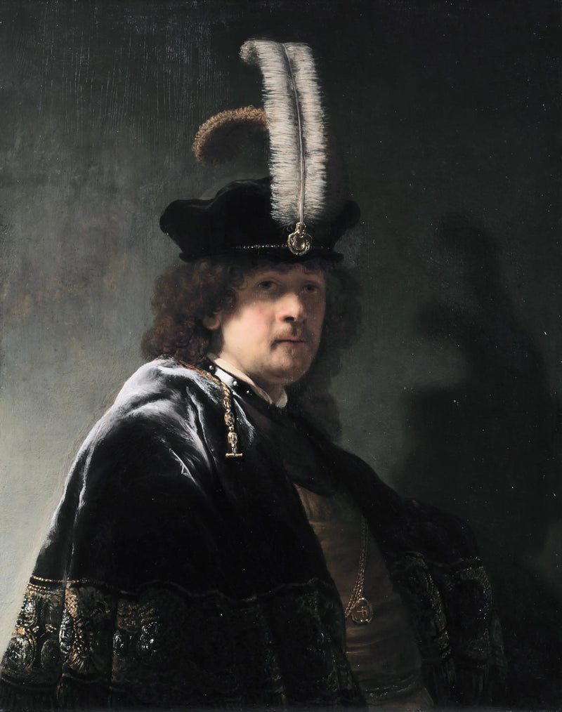 Autoportrét s péřovou čepicí - Rembrandt