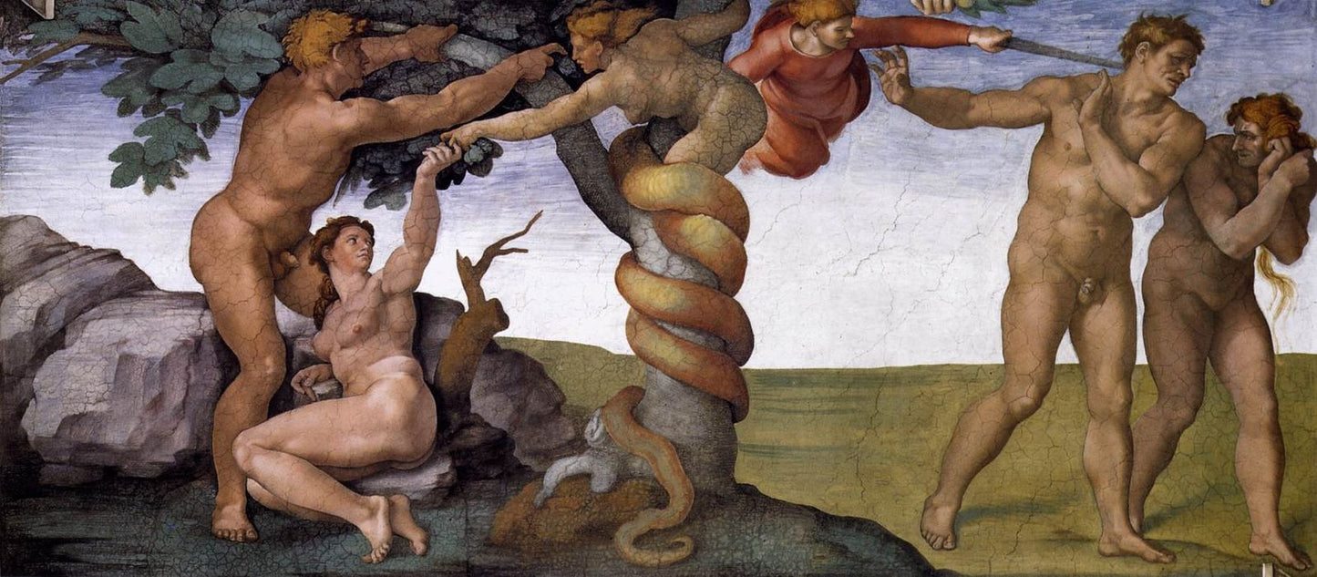 Prvotní hřích a vyhnání z ráje – Michelangelo (1508–1512)