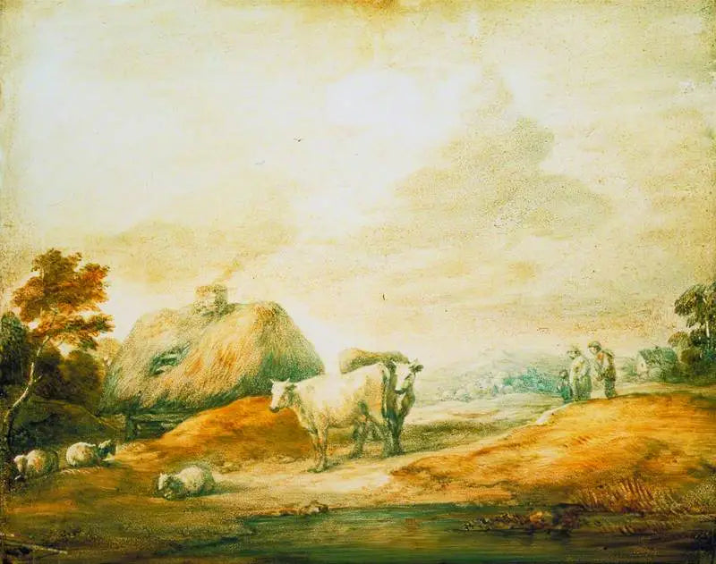 Otevřená krajina s farmáři, kravami, ovečkami, chatami a bazénem - Thomas Gainsborough