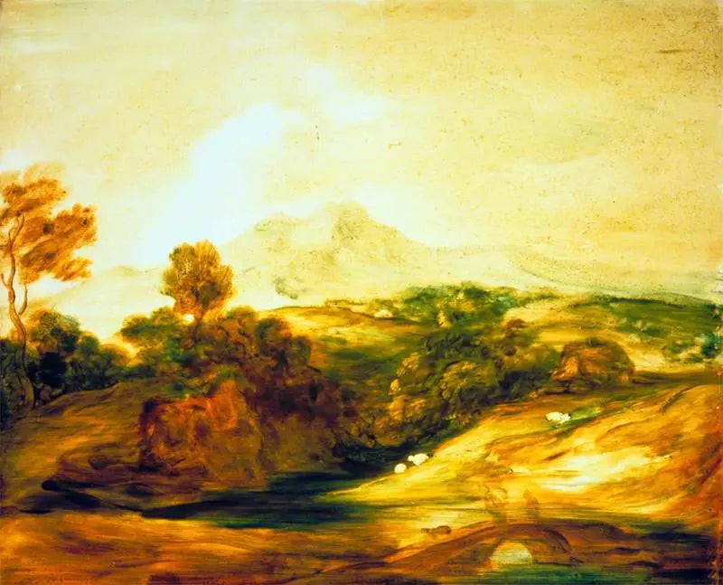 Krajina s řekou, stromy a postavami na mostě, chata, ovce a vzdálené hory - Thomas Gainsborough